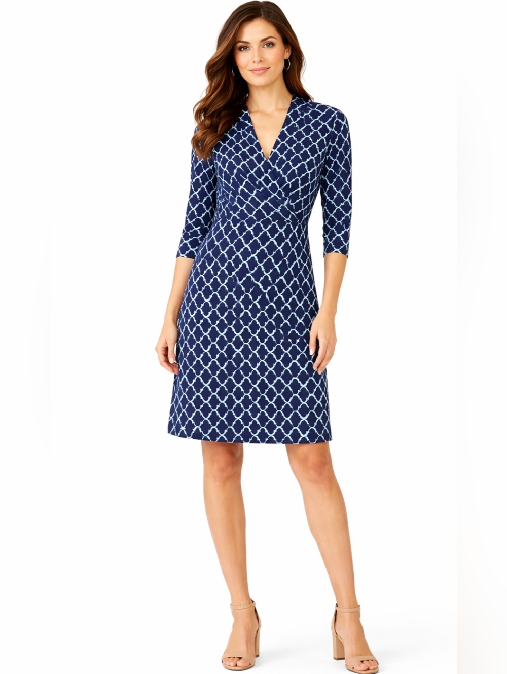 J. McLaughlin Blythe Faux Wrap Navy and Baby Blue Geometric Pattern Dress